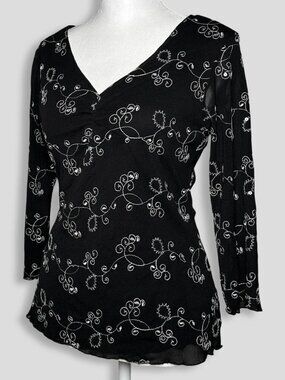 Sequined and Embroidered Black Mesh Blouse by Wrapper